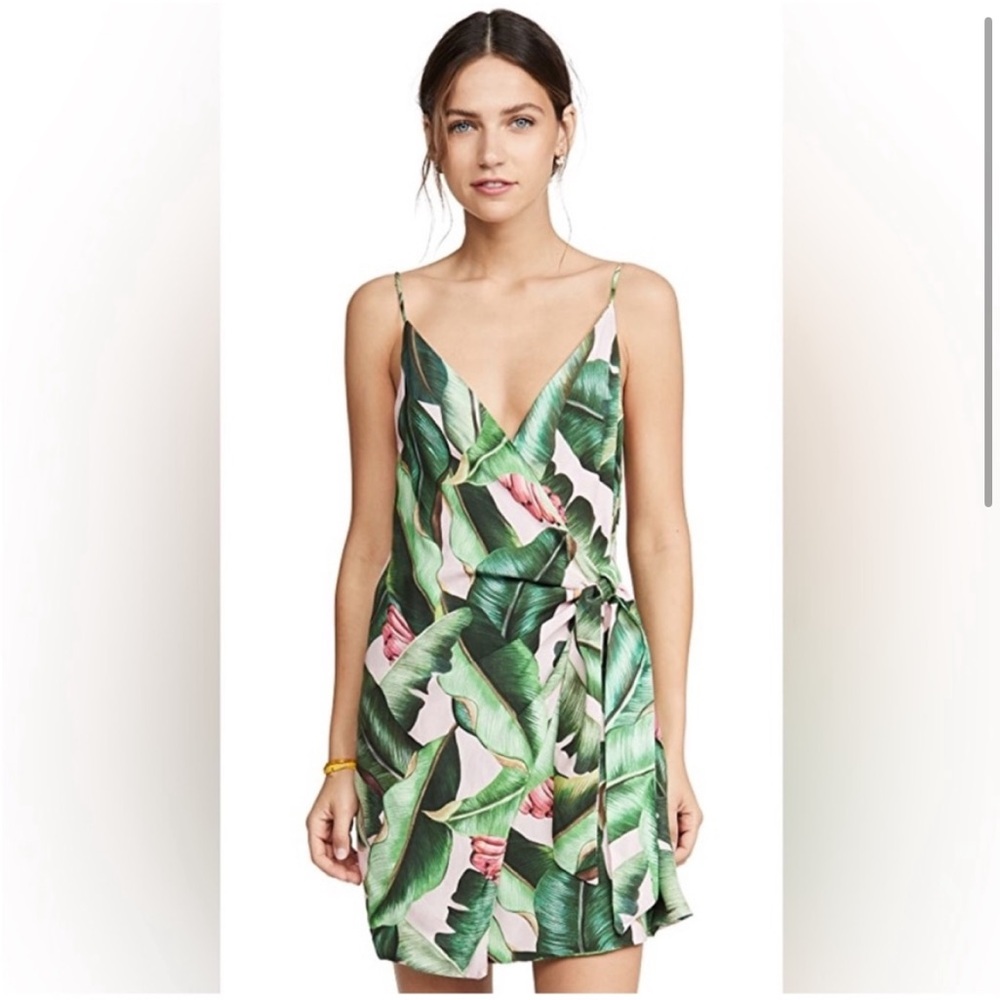 FARM Rio Anthropologie Banana Leaf Sleeveless Mini Wrap Dress Green Pink